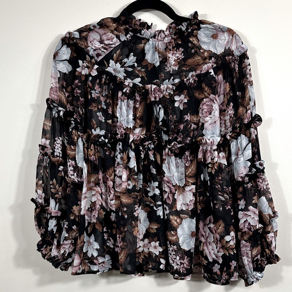 OPT Floral Sheer Ruffle Longsleeve Blouse Romantic Boho Chic Fairy Women Small - Picture 1 of 8